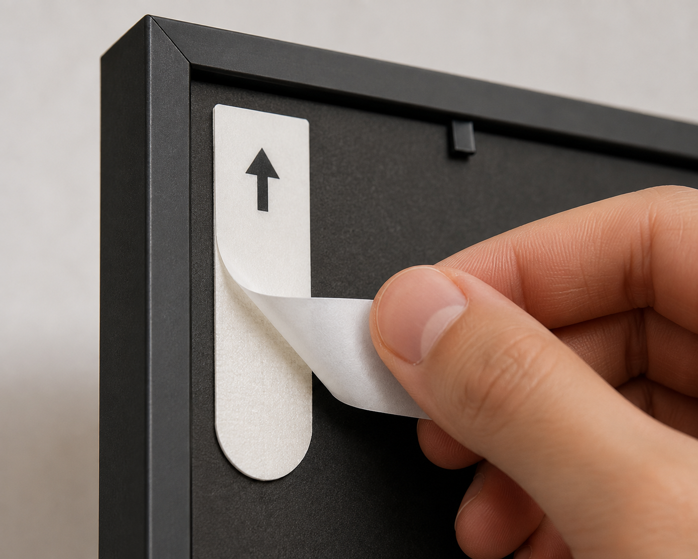 A hand peeling the protective liner from an adhesive strip on the back of a frame