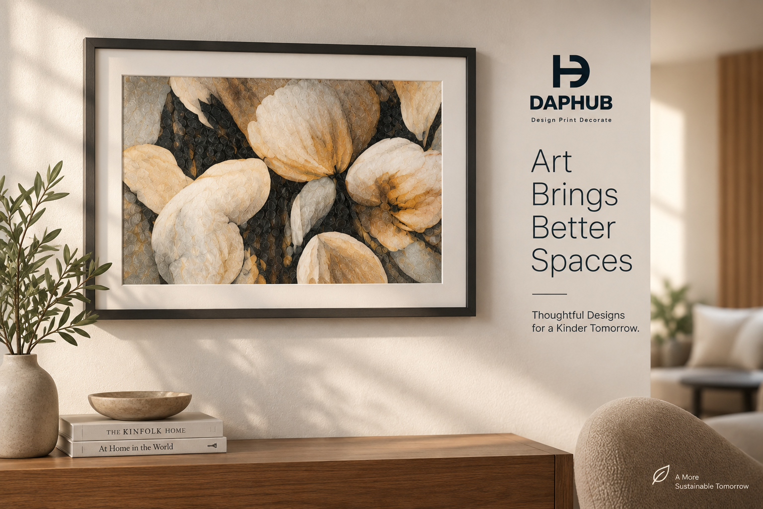 Framed floral art hanging above a wooden sideboard in a sunlit room