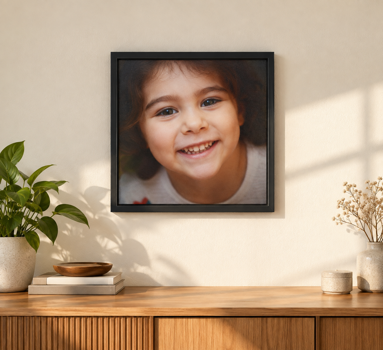 A black-framed portrait hanging above a wooden sideboard in warm daylight