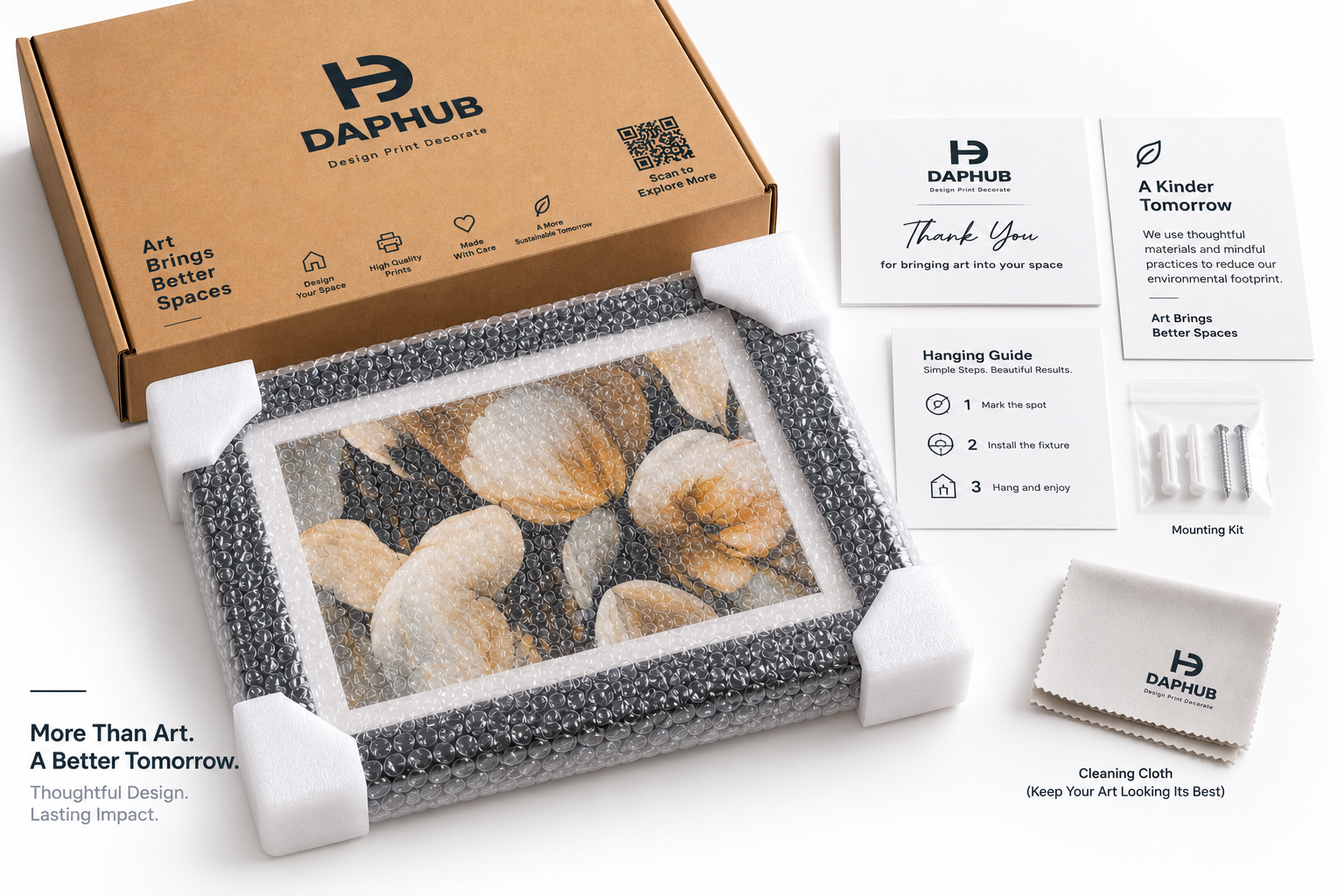Flat lay of the full DAPHUB kit: box, wrapped frame, thank you card, hanging guide, mounting kit and cleaning cloth