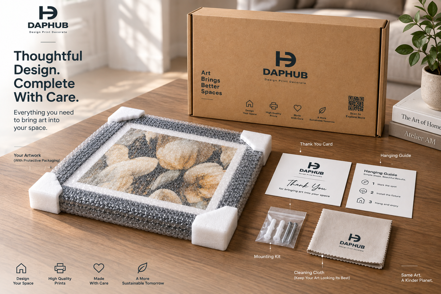 The same kit laid out on a wooden table in a sunlit room