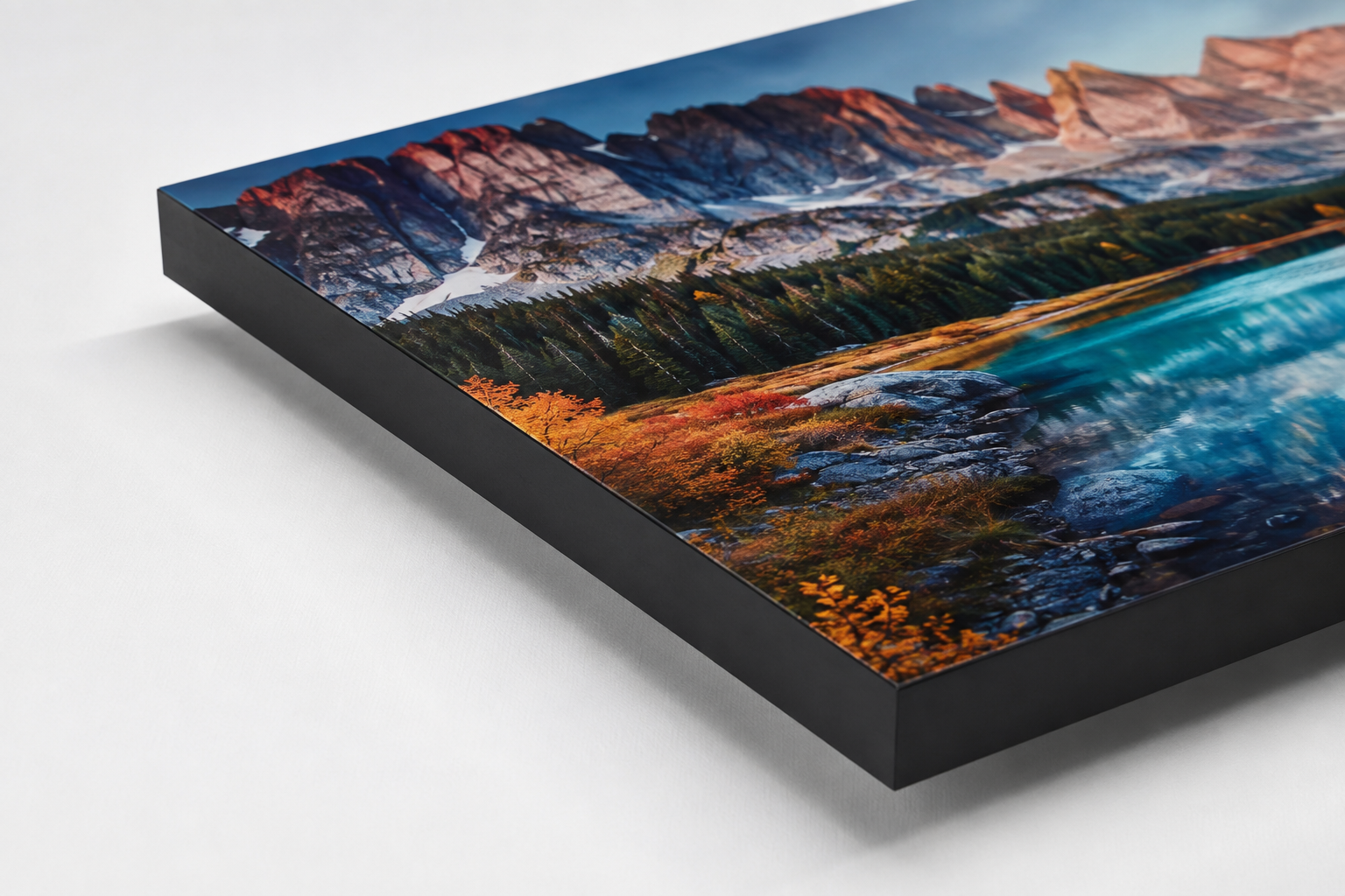Close-up of a canvas print with a solid black painted edge