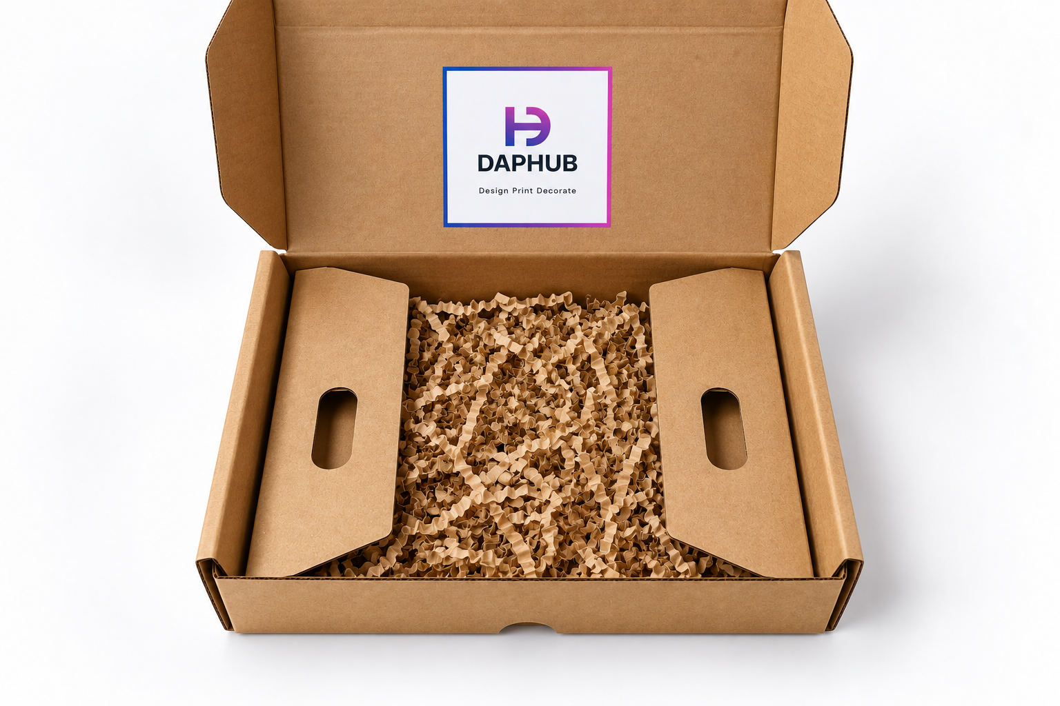 Open kraft box filled with kraft crinkle paper