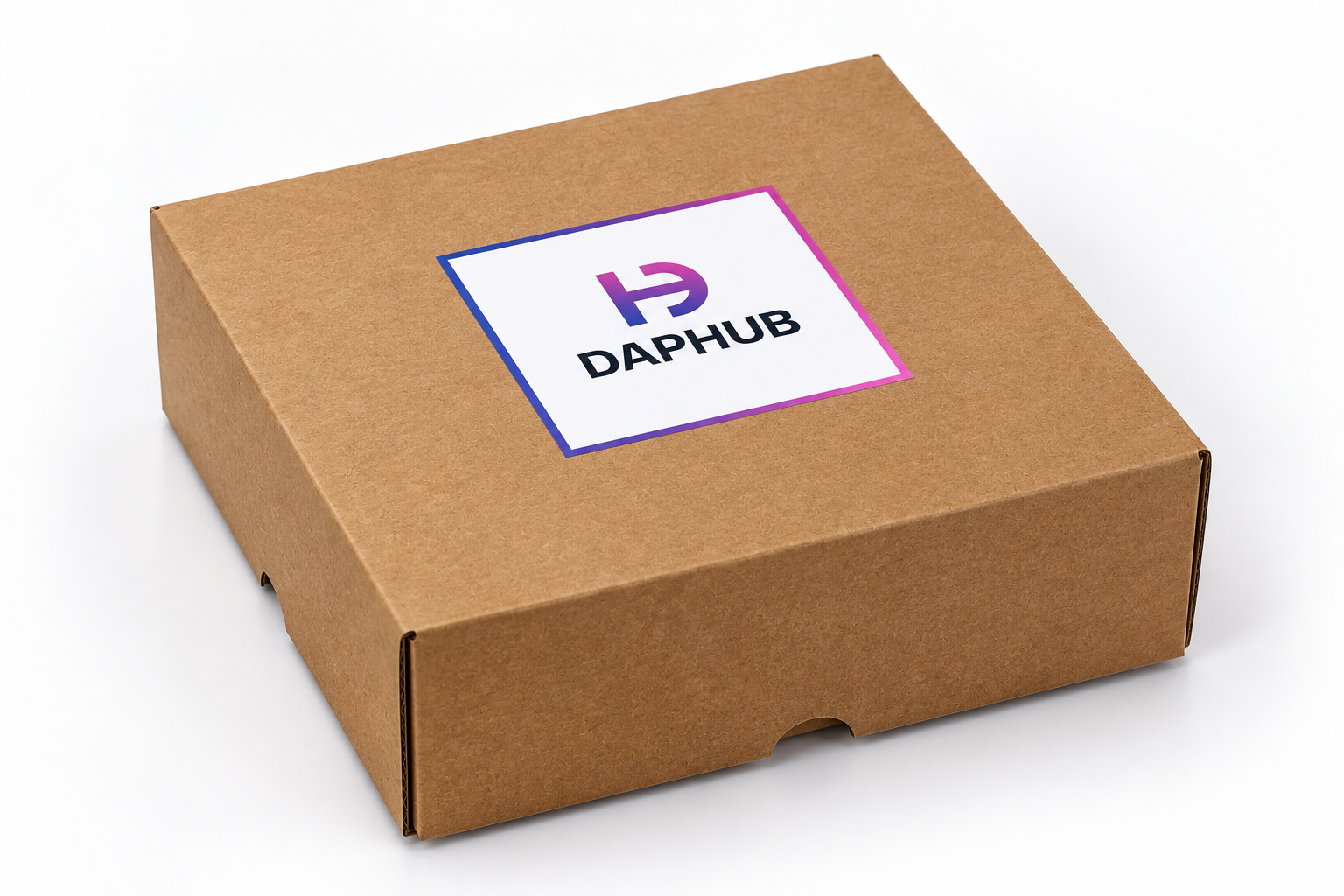 Kraft brown DAPHUB mailer box at three-quarter angle with a printed label