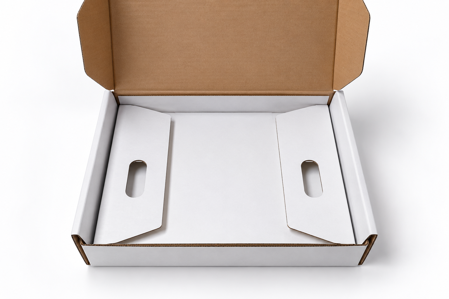 White mailer box open and empty, showing internal packing wings