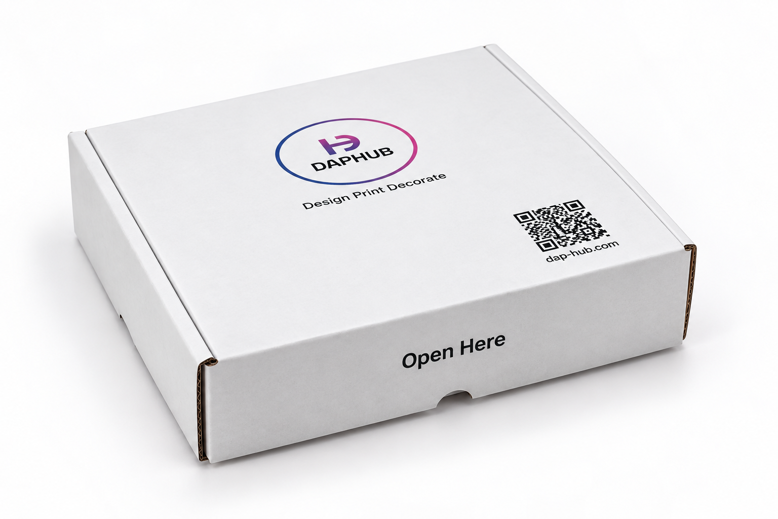 White DAPHUB mailer box at three-quarter angle with logo, QR code and Open Here tab