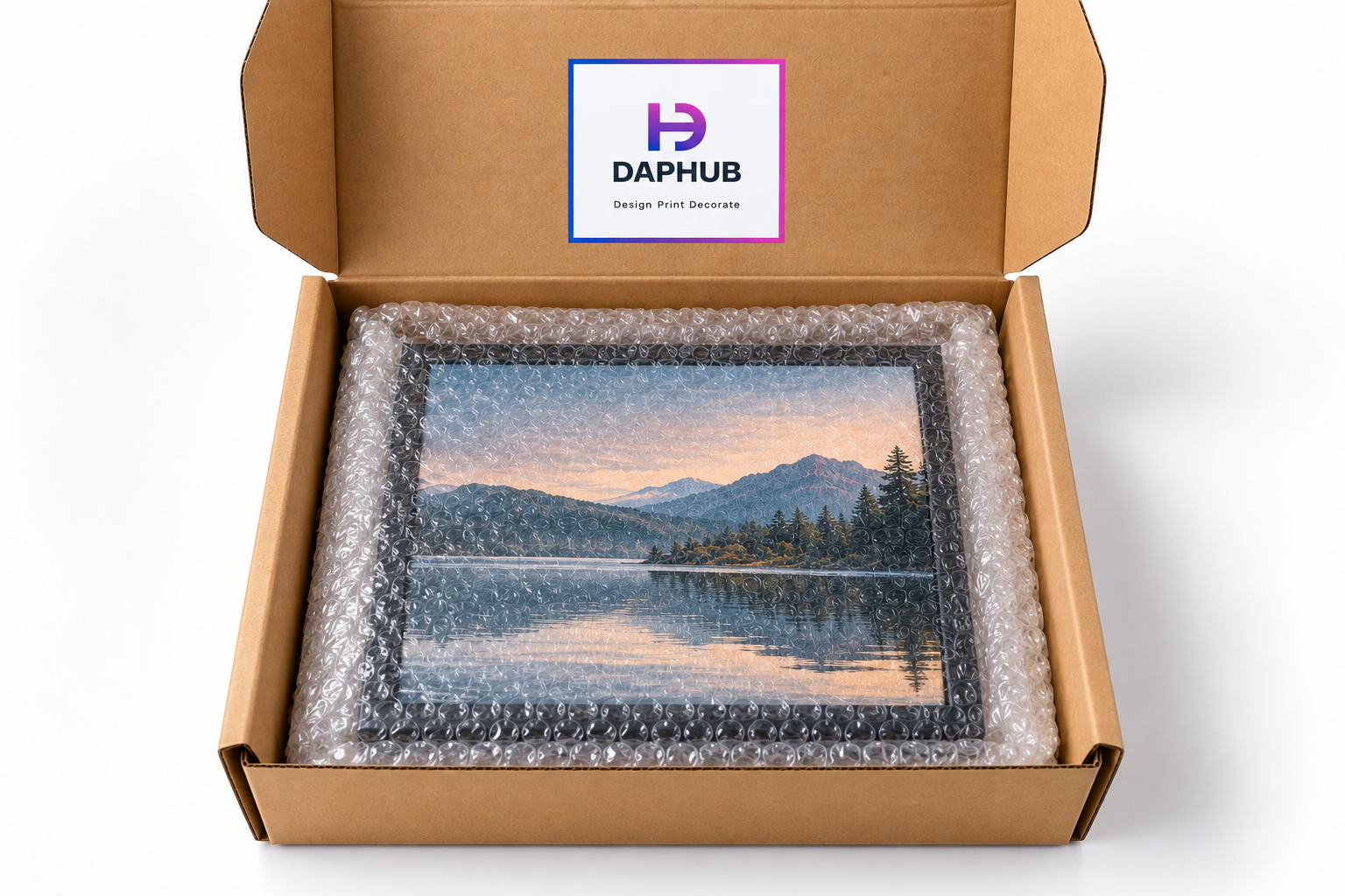 Wrapped framed print packed snugly inside an open kraft box
